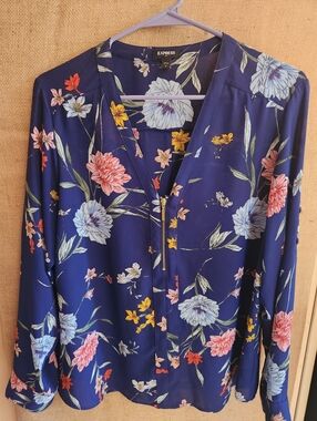 Express Royal Blue Floral Zip-Front Top
